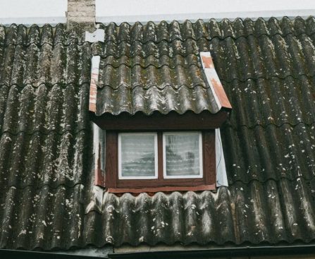 Detailed view of a moss-covered roof with a small window in rural Poland, capturing rustic charm.